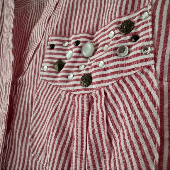 Cotton Button Poplin Collared Top Jewel Stud Gem Mixed Embellish Roll Tab Small - Picture 7 of 13